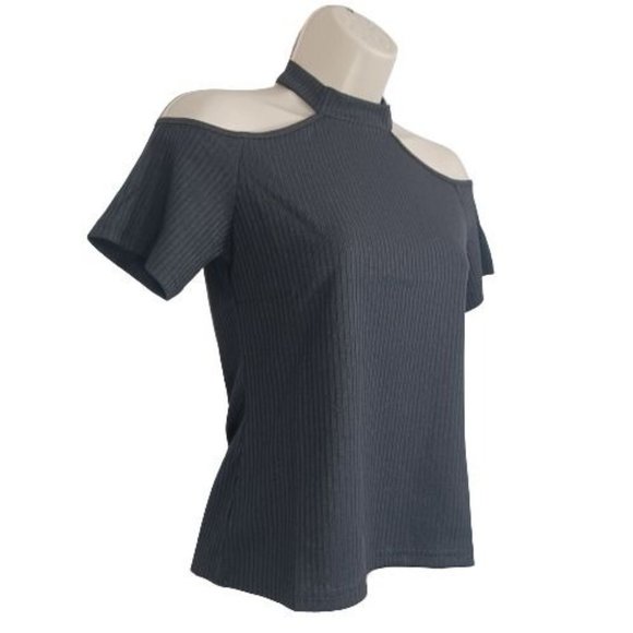 NWT SHEIN Women's Cold Shoulder Rib-knit Top Halter Black Color Size S (4) - Picture 3 of 8